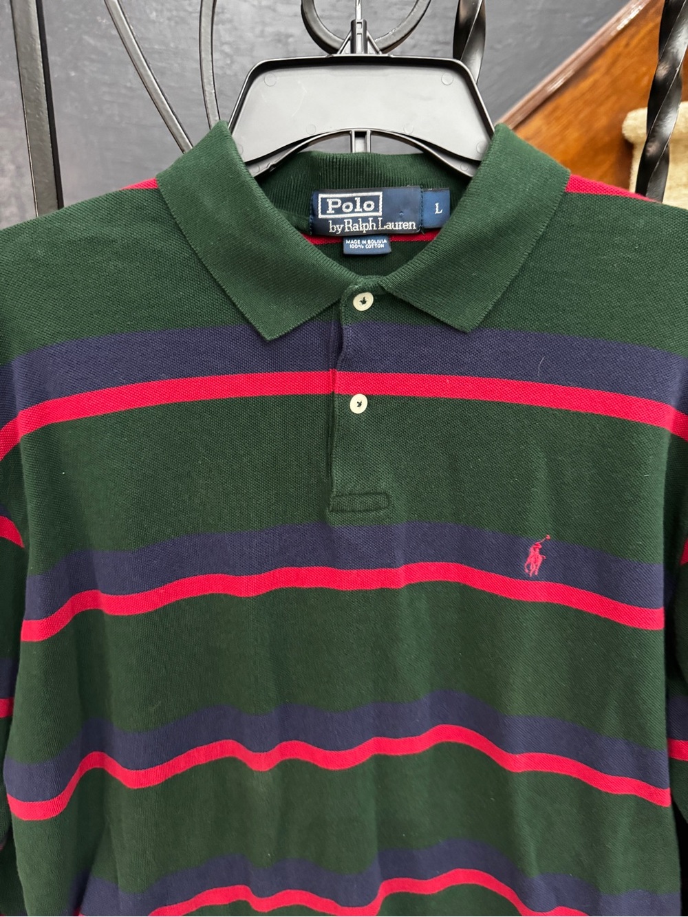 Large Polo by Ralph Lauren Forest Green Navy & Red Striped Shirt